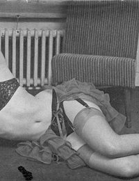 Small-titted chick in black bra performs an unforgettable showoff on vintage lingerie pictures